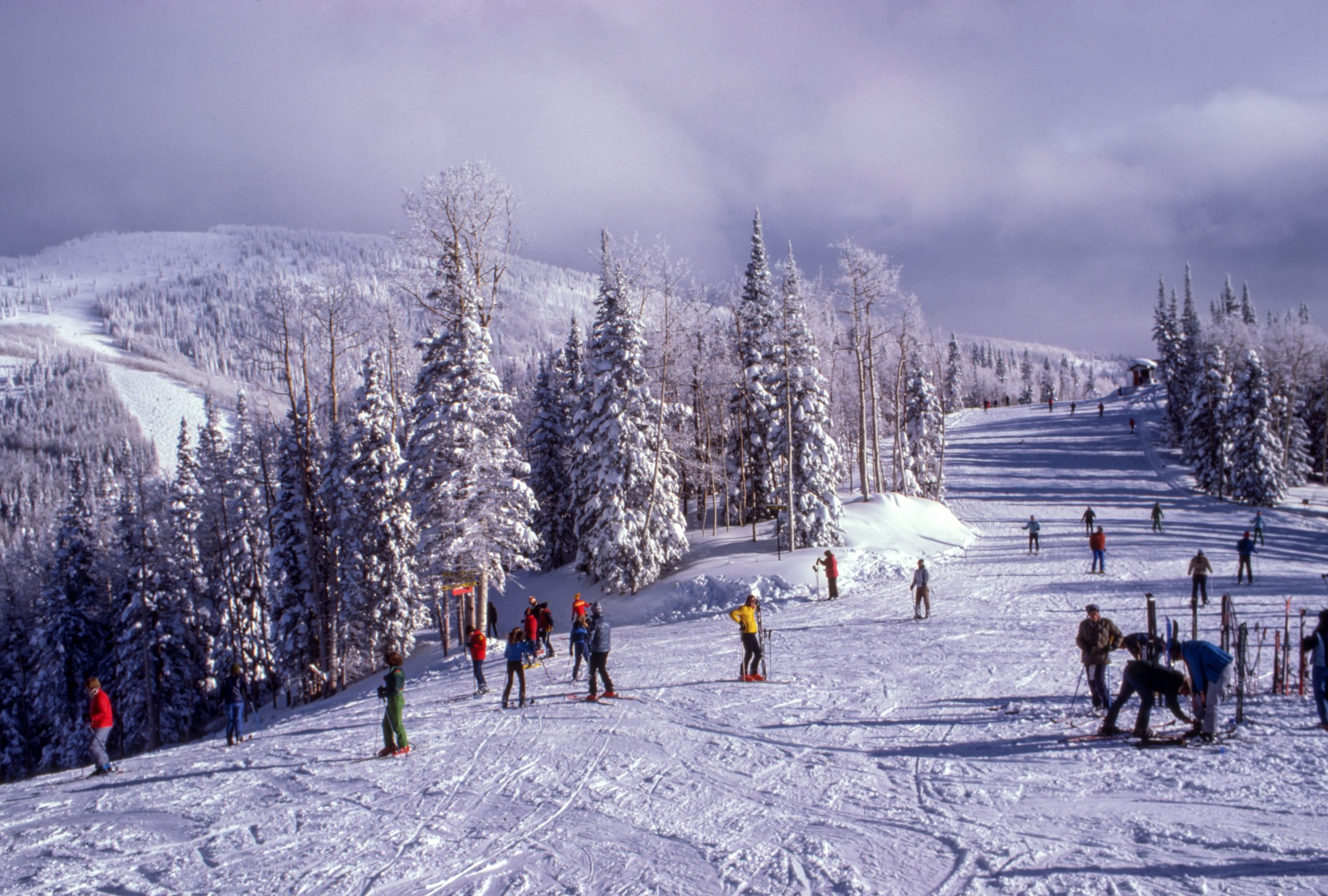 image of skiiers on mountain } oregon portable toilet rental