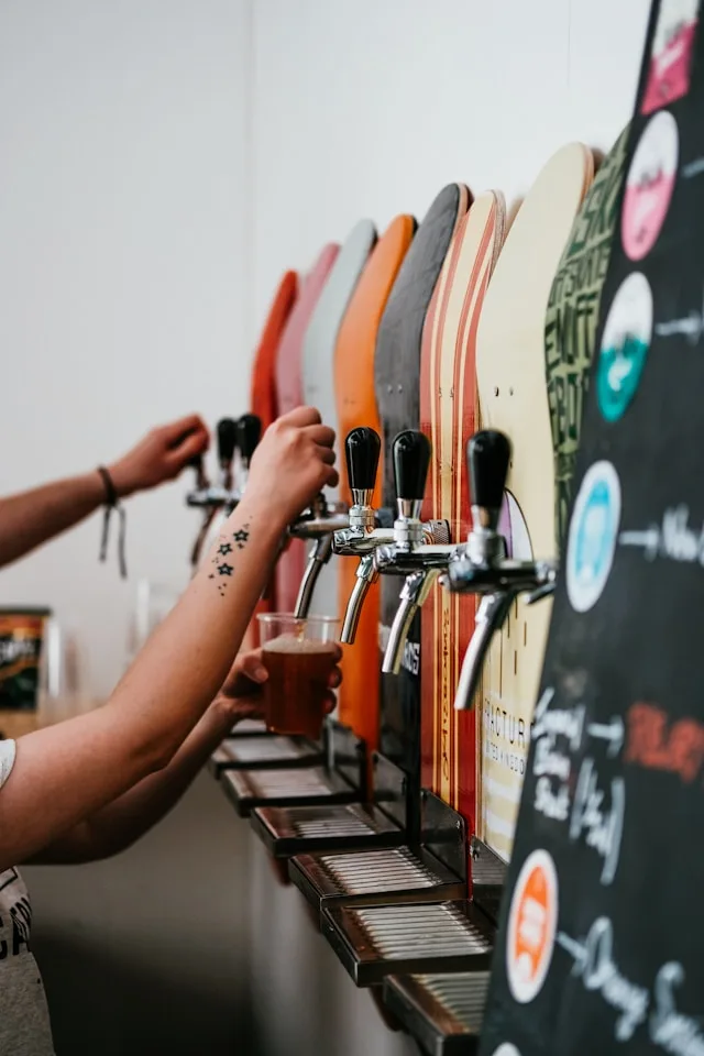 A selection of beer taps at an Oregon beer festival