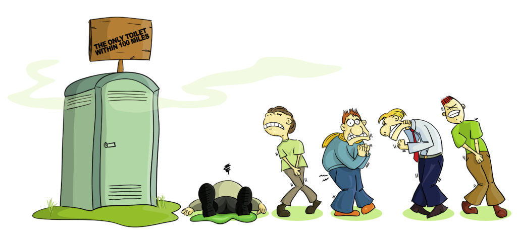 cartoon of people waiting in a line in agony to use a porta potty | rental vancouver portand salem 