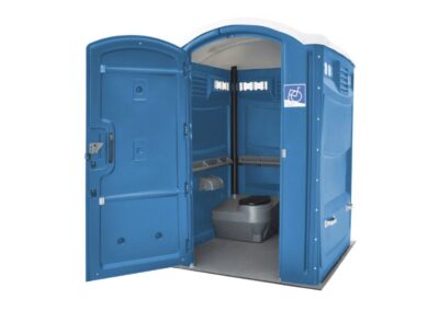 Wide-access blue ADA-compliant portable restroom with an open door showing the spacious interior and low-profile floor for wheelchair entry.