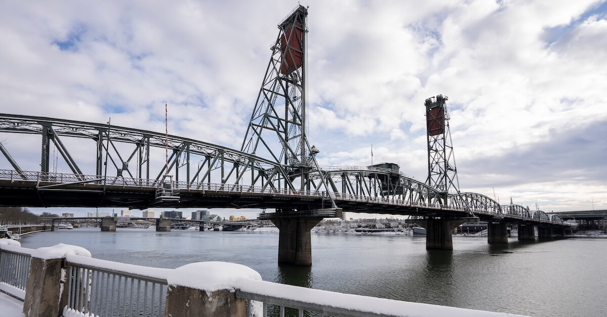 view of bridge in Portland during winter snow